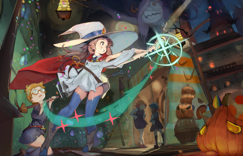 5girls ahoge amanda_o'neill arm_up bangs bare_shoulders barrel bat belt blonde_hair blue_dress blue_eyes blue_hair blue_legwear blue_skirt blunt_bangs boots broom brown_eyes brown_footwear brown_hair cape collared_shirt commentary confetti constanze_amalie_von_braunschbank-albrechtsberger cosplay detached_sleeves dress glasses glint hair_ornament hair_ribbon hairband halloween hat highres holding holding_wand kagari_atsuko lantern little_witch_academia long_hair long_sleeves lotte_jansson luna_nova_school_uniform multiple_girls mushroom neck_ribbon night open_mouth orange_hair outdoors pale_skin ponytail pumpkin purple_dress purple_hair rawtuna red_cape red_eyes ribbon school_uniform semi-rimless_eyewear shiny shiny_chariot shiny_chariot_(cosplay) shiny_rod shirt shoes short_hair short_ponytail sidelocks skirt sky smile sparkle staff standing star_(symbol) sucy_manbavaran tent thigh-highs trick_or_treat wand white_headwear white_shirt wide_sleeves witch witch_hat