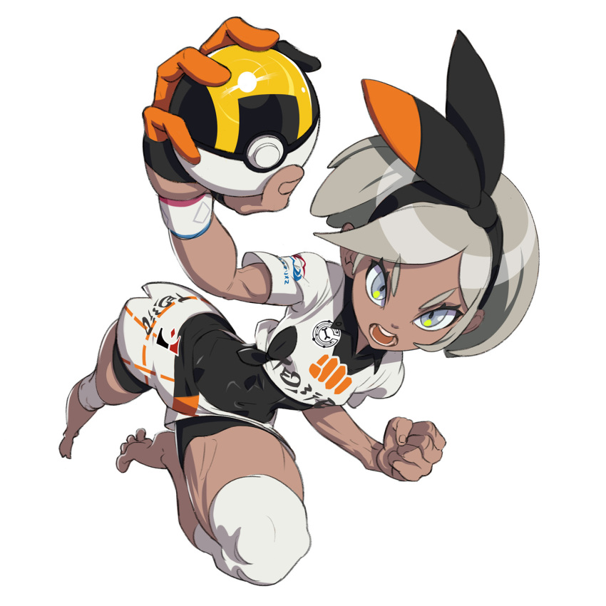 1girl barefoot black_bodysuit black_hairband bodysuit bodysuit_under_clothes clenched_hand collared_shirt commentary covered_navel dark_skin dynamax_band english_commentary gatjensb glint gloves grey_eyes grey_hair gym_leader hairband highres holding holding_poke_ball knee_pads looking_at_viewer open_mouth poke_ball pokemon pokemon_(game) pokemon_swsh print_shirt print_shorts saitou_(pokemon) shirt short_hair short_sleeves shorts simple_background single_glove solo teeth tied_shirt tongue ultra_ball v-shaped_eyebrows white_background