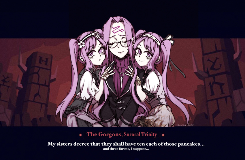 3girls alternate_costume artist_name bangs black_jacket character_name character_request closed_eyes commentary dress english_text euryale fate/grand_order fate_(series) forehead frilled_sleeves frills glasses gloves hair_ornament hairband helltaker highres jacket lolita_hairband long_hair looking_at_viewer lucerna_lunam medusa_(lancer)_(fate) multiple_girls parody parted_bangs puffy_short_sleeves puffy_sleeves purple_hair ribbon short_sleeves siblings sisters smile sweat twins twintails violet_eyes
