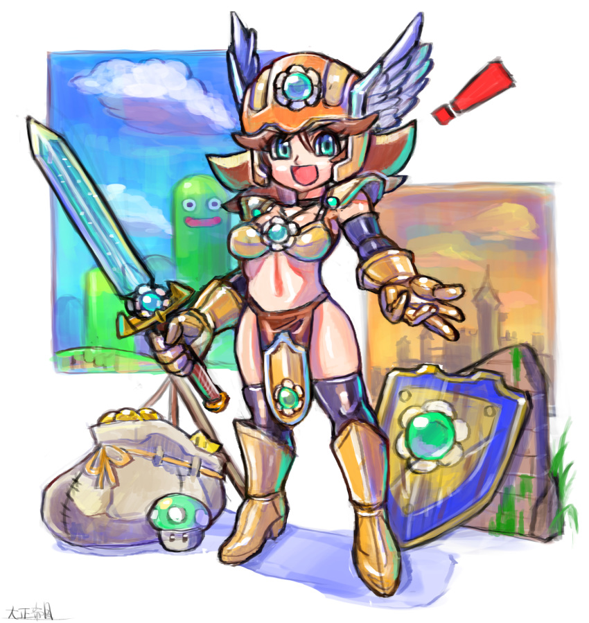 1girl boots brown_hair cosplay dragon_quest gloves green_eyes helmet highres holding holding_sword holding_weapon super_mario_bros. midriff mushroom navel oomasa_teikoku princess_daisy solo sword warrior weapon winged_helmet