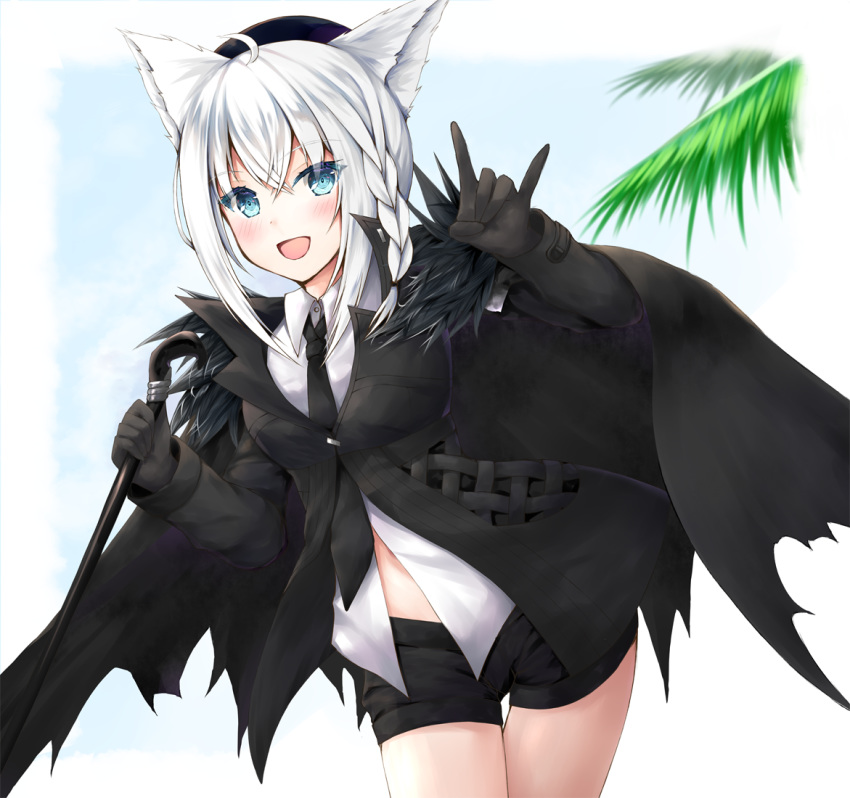 1girl :d ahoge animal_ears arknights bangs beret black_gloves black_headwear black_jacket black_neckwear black_shorts blue_eyes blush braid breasts collared_shirt commentary_request cosplay eyebrows_visible_through_hair fox_ears fox_girl fox_shadow_puppet fox_tail gloves hair_between_eyes hands_up hat holding hololive jacket leaning_forward long_hair long_sleeves looking_at_viewer misui necktie open_mouth shirakami_fubuki shirt short_shorts shorts side_braid silver_hair silverash_(arknights) silverash_(arknights)_(cosplay) single_braid small_breasts smile solo tail virtual_youtuber white_shirt