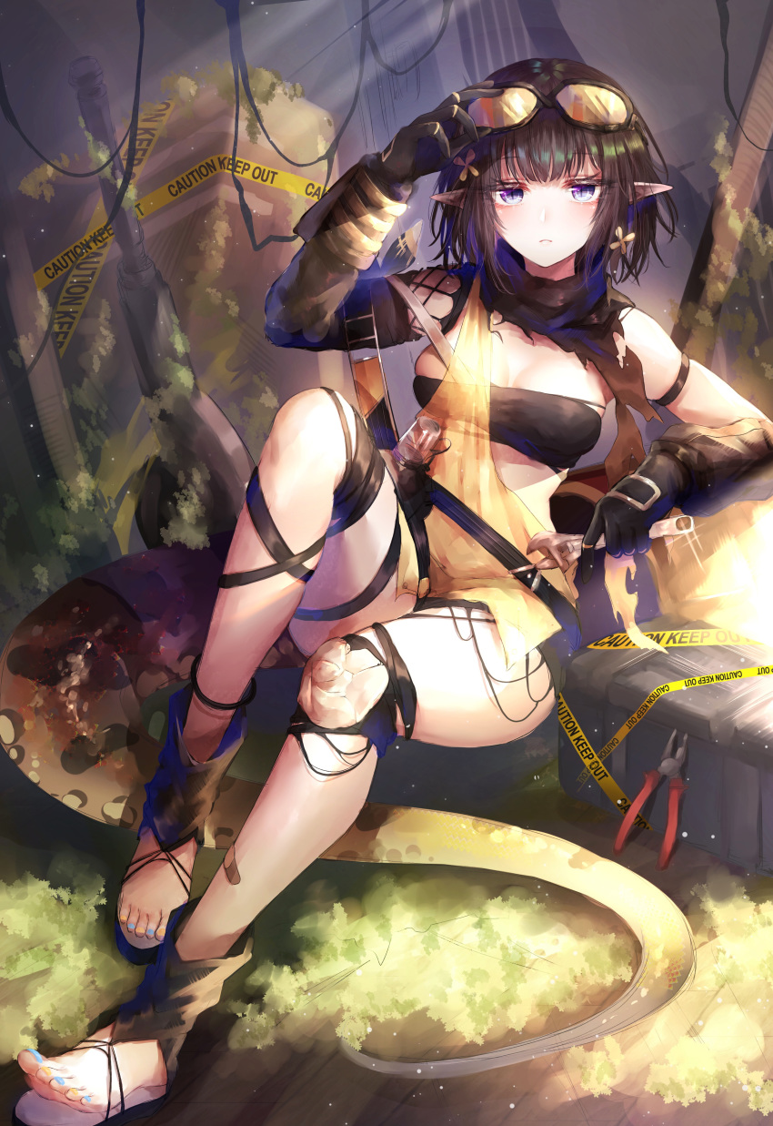 1girl absurdres arknights arm_strap arm_up bandaged_leg bandages bandeau bare_shoulders black_gloves black_hair blue_eyes breasts caution_tape crate elbow_gloves eunectes_(arknights) gloves goggles goggles_on_head highres knee_pads knee_up looking_at_viewer medium_breasts multicolored multicolored_nails pliers pointy_ears revealing_clothes sandals scarf short_hair sidelocks sitting slit_pupils snake_tail solo tail takano_jiyuu thighs toenail_polish toes torn_clothes