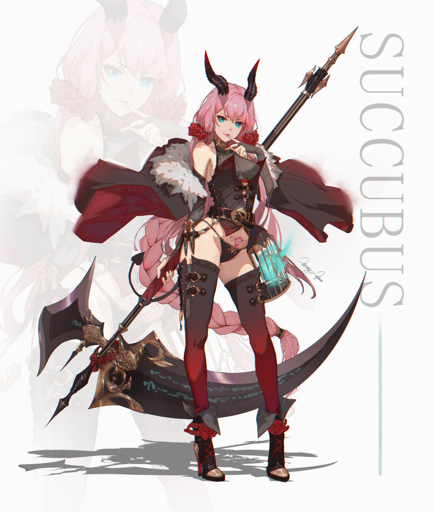 1girl absurdres bare_shoulders belt belt_buckle blue_eyes boyu_yang braid braided_ponytail breasts buckle commentary demon_girl demon_horns demon_tail elbow_gloves english_commentary fingerless_gloves flower full_body gloves high_heels highres holding holding_scythe horns long_hair looking_at_viewer multiple_views original pink_hair pubic_tattoo rose scythe shadow sideboob simple_background standing succubus tail tattoo thigh-highs very_long_hair white_background