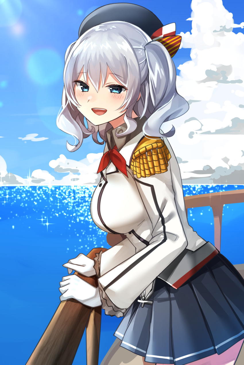 1girl absurdres beret black_headwear black_skirt blue_eyes blue_sky breasts clouds day epaulettes frilled_sleeves frills from_side gloves hat highres jacket kantai_collection kashima_(kantai_collection) katsuobushi_(eba_games) kerchief large_breasts long_sleeves military military_jacket military_uniform miniskirt neckerchief outdoors pleated_skirt red_neckwear sidelocks silver_hair skirt sky solo twintails uniform wavy_hair white_gloves white_jacket