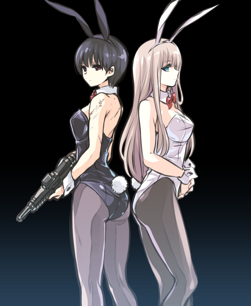 2girls absurdres animal_ears ass assault_rifle back bangs black_background black_eyes black_legwear black_leotard blue_eyes bow bowtie bunny_tail bunnysuit closed_mouth collar detached_collar fake_animal_ears fake_tail from_behind from_side gun half-closed_eyes hands_together highres holding holding_gun holding_weapon ishiyumi leotard light_frown long_hair looking_at_viewer looking_back multiple_girls original pantyhose rabbit_ears red_neckwear rifle scar short_hair silver_hair simple_background standing strapless strapless_leotard tail very_short_hair weapon white_collar white_leotard wrist_cuffs