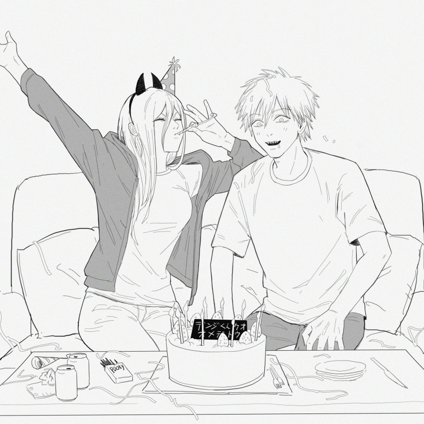 1boy 1girl arm_up birthday_cake cake candle chainsaw_man closed_eyes couch demon_girl demon_horns denim denji_(chainsaw_man) drink eyebrows_visible_through_hair food fruit hand_on_own_leg happy happy_birthday hat highres hood hoodie horns jeans long_hair midoriz5 monochrome pants party_hat pillow power_(chainsaw_man) saliva shirt short_hair short_sleeves sitting smile strawberry strawberry_cake t-shirt tomboy very_long_hair what_if