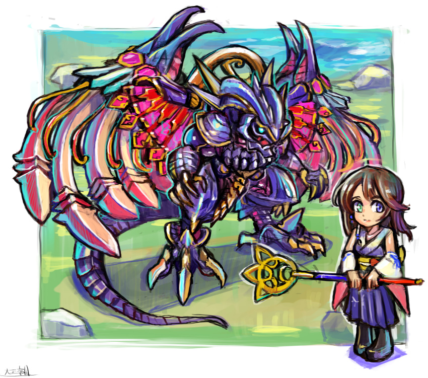 1girl bahamut_(final_fantasy) blue_eyes brown_hair chibi final_fantasy final_fantasy_x green_eyes heterochromia highres holding holding_staff monster oomasa_teikoku open_hands short_hair staff standing wings yuna_(ff10)