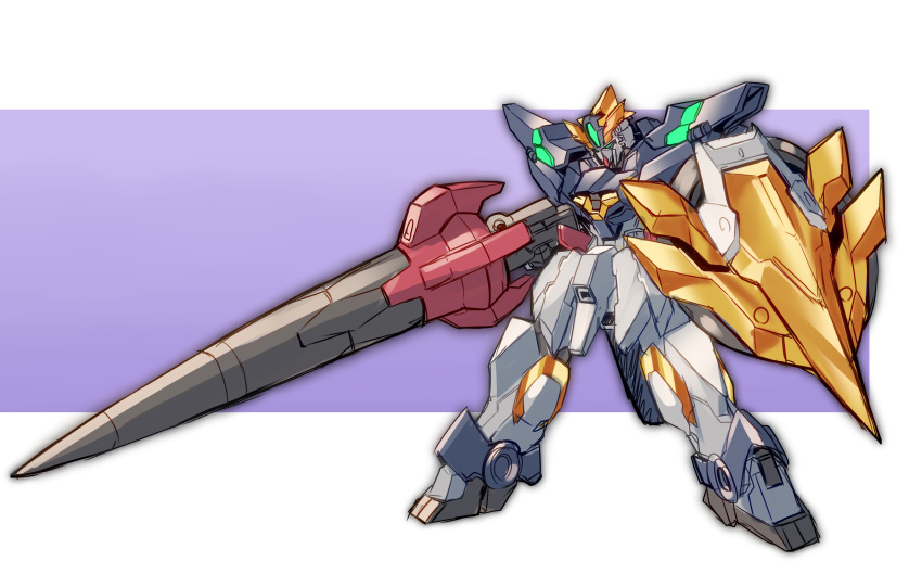absurdres ag_00000 commentary green_eyes gundam gundam_aegis_knight gundam_build_divers gundam_build_divers_re:rise highres holding holding_lance holding_polearm holding_shield holding_weapon lance looking_at_viewer mecha no_humans polearm shield solo standing v-fin weapon