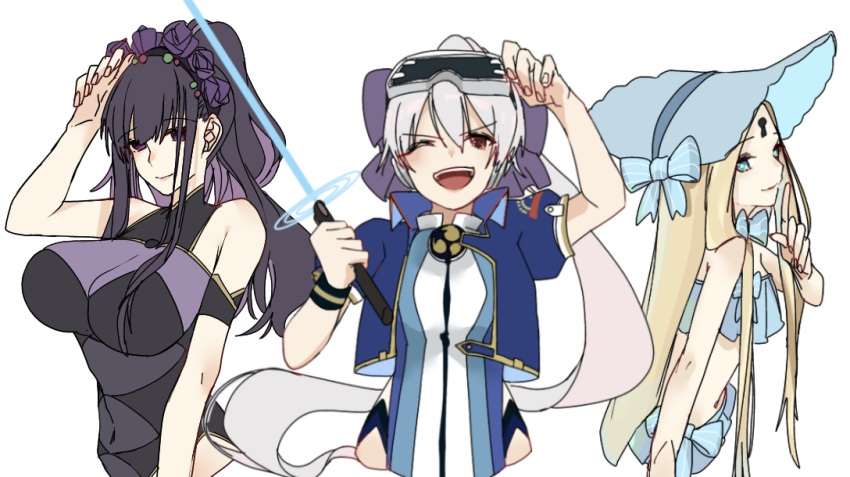 3girls abigail_williams_(fate/grand_order) abigail_williams_(swimsuit_foreigner)_(fate) anmochi_mochi bangs bare_shoulders bikini black_swimsuit blonde_hair blue_bikini blue_bow blue_eyes blue_headwear blue_jacket blue_swimsuit bonnet bow breasts closed_mouth covered_navel energy_sword fate/grand_order fate_(series) flower forehead hair_between_eyes hair_bow hair_flower hair_ornament hair_up head_mounted_display headphones highleg highleg_swimsuit index_finger_raised jacket large_breasts long_hair looking_at_viewer miniskirt multiple_girls murasaki_shikibu_(fate) murasaki_shikibu_(swimsuit_rider)_(fate) navel one-piece_swimsuit one_eye_closed open_mouth parted_bangs ponytail purple_hair red_eyes short_sleeves sidelocks silver_hair skirt small_breasts smile swimsuit sword tied_hair tomoe_gozen_(fate/grand_order) tomoe_gozen_(swimsuit_saber)_(fate) two-tone_swimsuit very_long_hair violet_eyes weapon white_background white_bow white_swimsuit