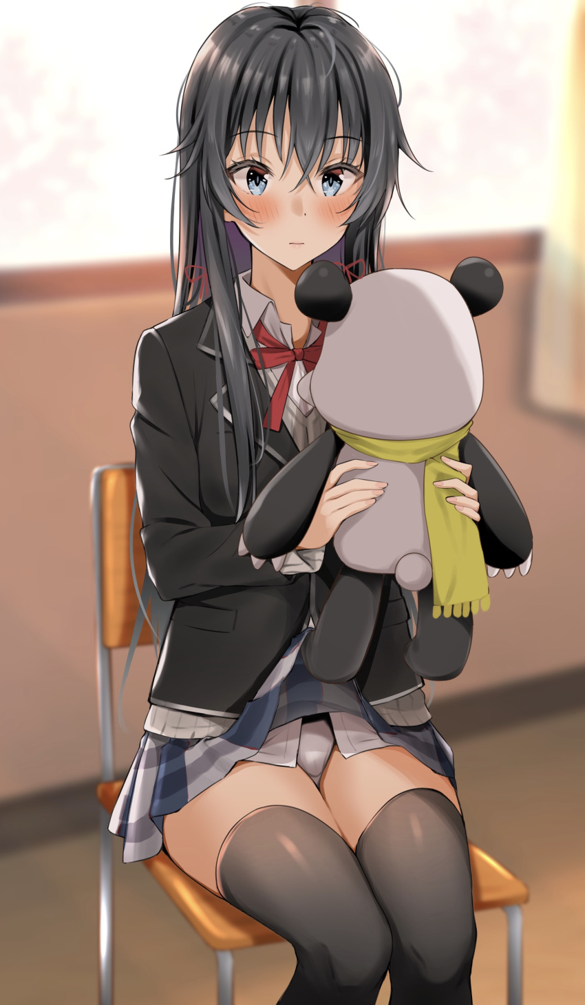 1girl absurdres bangs black_hair black_jacket black_legwear blue_eyes blush cardigan chair closed_mouth collared_shirt commentary_request curtains eyebrows_visible_through_hair grey_cardigan grey_skirt hair_ribbon highres holding holding_stuffed_animal jacket long_hair long_sleeves nakamachi_machi panties pantyshot plaid plaid_skirt pleated_skirt ribbon scarf school_uniform shirt sidelocks sitting skirt skirt_lift solo stuffed_animal stuffed_panda stuffed_toy thigh-highs thighs underwear wall white_panties white_shirt window yahari_ore_no_seishun_lovecome_wa_machigatteiru. yukinoshita_yukino