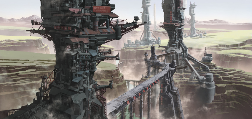 absurdres artist_name bridge building canyon chinese_text construction crane_(machine) day fan_wennan flag fog highres mountain outdoors scenery science_fiction sign sky steampunk structure water watermark web_address