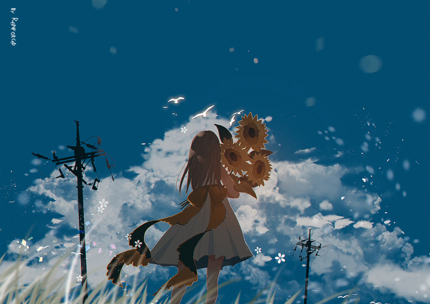 1girl artist_name bird brown_hair clouds commentary day dress flower from_behind from_below grass holding holding_flower long_hair original outdoors reinforced sky standing sunflower telephone_pole watermark