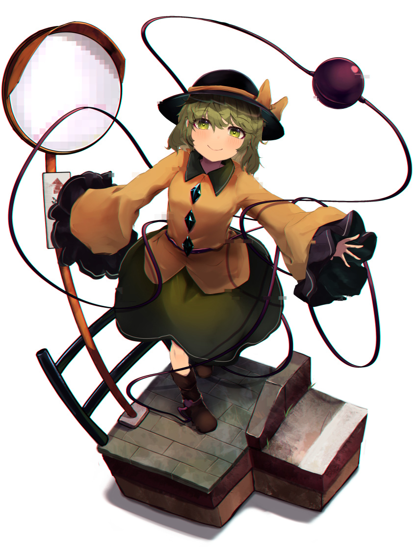 absurdres arms_at_sides bangs black_headwear blush boots bow brown_footwear buttons collared_shirt commentary eyeball eyebrows_visible_through_hair frilled_sleeves frills full_body green_eyes green_hair green_skirt hair_between_eyes hands_up hat hat_bow heart heart_in_eye highres komeiji_koishi kurowa_(curowa) long_sleeves looking_up mosaic_background outstretched_arms pavement railing road_sign sett shirt short_hair sign simple_background skirt smile spread_arms string symbol_in_eye third_eye touhou walking wavy_hair white_background wide_sleeves yellow_bow yellow_shirt