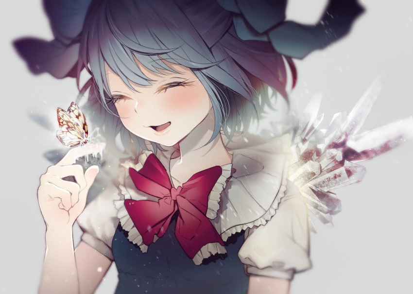 1girl animal_on_hand blouse blue_hair blue_ribbon bow bug butterfly butterfly_on_finger butterfly_on_hand cirno closed_eyes dress_shirt frozen glowing_butterfly hair_bow highres ice ice_wings insect puffy_sleeves red_bow red_ribbon ribbon shiori_(moechin) shirt short_hair smile touhou white_blouse white_shirt wing_collar wings