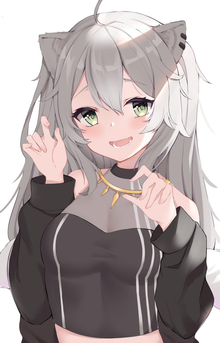 1girl :d absurdres ahoge animal_ears bangs bare_shoulders black_jacket black_shirt blush breasts commentary_request crop_top ear_piercing eyebrows_visible_through_hair fangs fur-trimmed_jacket fur_trim green_eyes grey_hair hair_between_eyes hands_up highres hololive jacket lion_ears long_hair long_sleeves looking_at_viewer off_shoulder open_clothes open_jacket open_mouth piercing shirt shishiro_botan simple_background sleeveless sleeveless_shirt small_breasts smile solo upper_body virtual_youtuber white_background xiao_lin_jiu