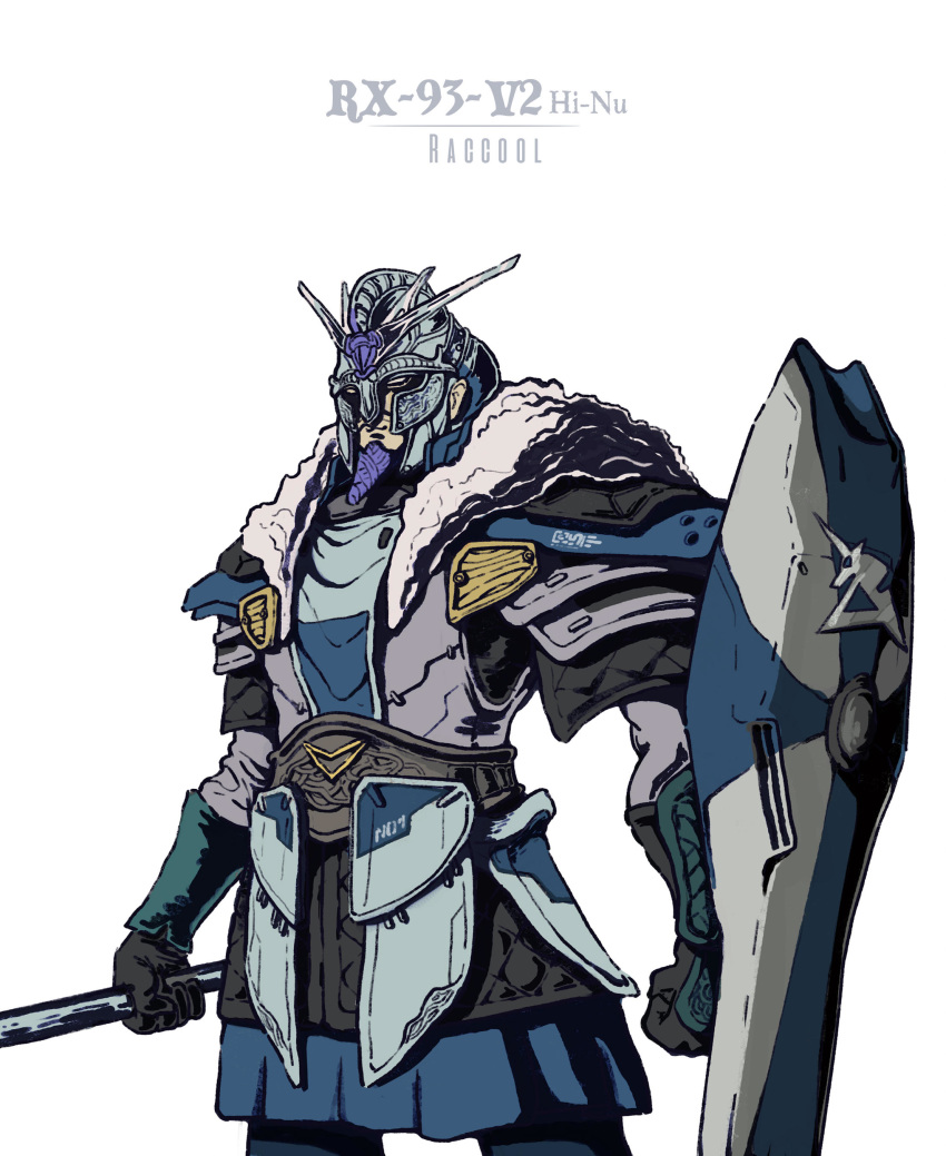1boy absurdres armor char's_counterattack char's_counterattack_-_beltorchika's_children character_name clenched_hands english_commentary gundam helmet hi-nu_gundam highres holding holding_shield holding_spear holding_weapon personification polearm shield solo spear thai_trieu v-fin viking warrior weapon