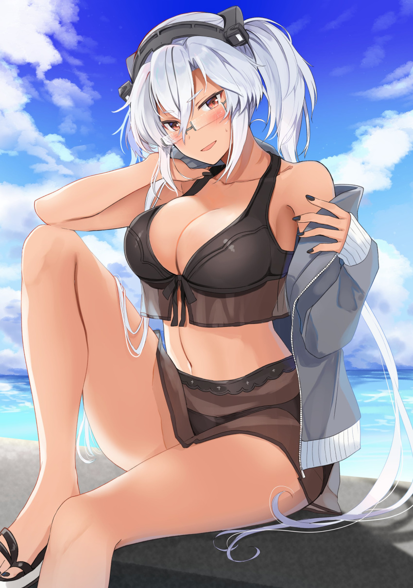 1girl absurdres bikini black_bikini black_nails blush breasts clouds cloudy_sky collarbone cosplay day eyebrows_visible_through_hair fingernails glasses grey_jacket hair_between_eyes highres jacket kantai_collection large_breasts long_hair long_sleeves musashi_(kantai_collection) nail_polish ocean open_clothes open_jacket open_mouth red_eyes sandals silver_hair sky solo suzutsuki_(kantai_collection) suzutsuki_(kantai_collection)_(cosplay) swimsuit toenail_polish toenails two_side_up water yunamaro