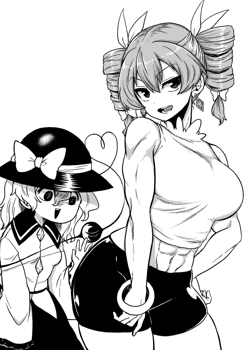 2girls abs absurdres bare_shoulders biceps bike_shorts blouse braid breasts earrings empty_eyes eyebrows_visible_through_hair greyscale hair_between_eyes hat height_difference highres himajin_noizu jewelry komeiji_koishi long_sleeves looking_at_another looking_at_viewer medium_hair midriff monochrome multiple_girls muscle muscular_female navel shirt sitting skirt sleeveless sleeveless_shirt smile stomach touhou twin_braids white_background wide_sleeves yorigami_jo'on