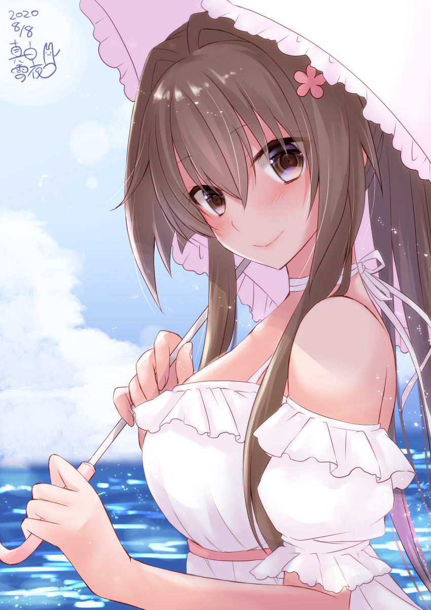 0yukiya0 1girl absurdres artist_logo blue_sky brown_eyes brown_hair cherry_blossoms clouds commentary_request dated day dress flower frilled_dress frills hair_flower hair_ornament highres horizon kantai_collection long_hair looking_at_viewer ocean off-shoulder_dress off_shoulder outdoors parasol ponytail sky solo umbrella upper_body white_dress white_umbrella yamato_(kantai_collection)