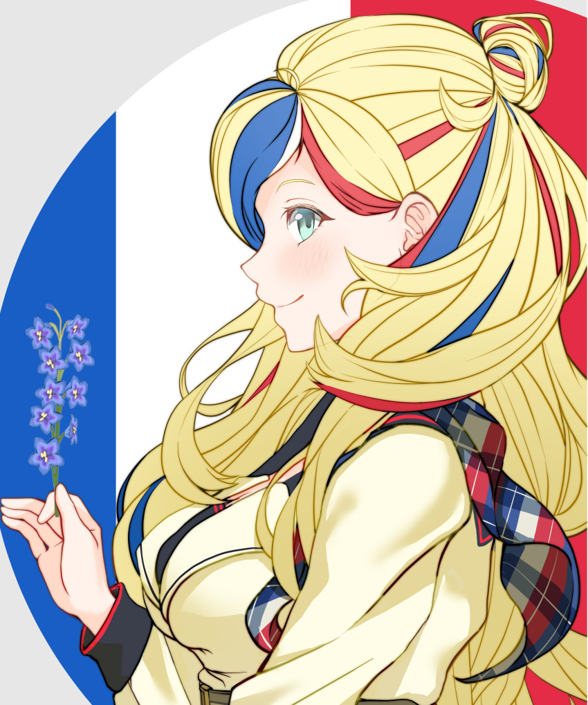 1girl absurdres bangs belt beret blonde_hair commandant_teste_(kantai_collection) double-breasted flower french_flag hat highres holding holding_flower jacket kantai_collection lilac long_hair multicolored multicolored_clothes multicolored_hair plaid plaid_scarf pom_pom_(clothes) redhead scarf streaked_hair swept_bangs wavy_hair yunoji_yusuke