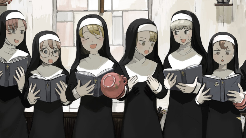 6+girls :d :o bird blonde_hair blue_eyes book broken_vase brown_eyes brown_hair catholic chicken cross crucifix diva_(hyxpk) duck english_commentary freckles glasses grey_eyes habit hammer highres holding holding_book looking_at_another looking_down looking_to_the_side mouth_hold multiple_girls music nun open_mouth original redhead singing smile stained_glass sticker stuck sweatdrop triangle_mouth vase wall yellow_eyes