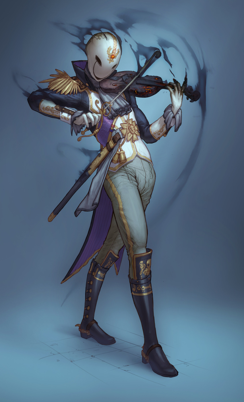 1boy absurdres belt belt_buckle black_footwear buckle gloves highres holding holding_weapon instrument male_focus mask music musical_note original playing_instrument rapier richard_carey scabbard shadow sheath solo sword violin walking weapon white_gloves withered