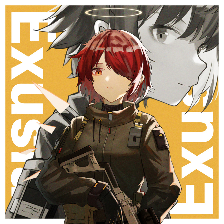 1girl alternate_costume arknights bangs black_gloves border brown_eyes character_name commentary exusiai_(arknights) gloves grey_jacket gun hair_over_one_eye halo highres holding holding_gun holding_weapon jacket long_sleeves multiple_views redhead short_hair simple_background upper_body weapon white_border yellow_background yuuki_mix