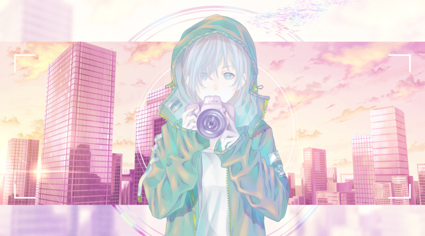 1girl blue_eyes camera green_hoodie highres hood hood_up hooded_jacket hoodie inika jacket open_clothes open_jacket original photo_(object) short_hair silver_hair solo