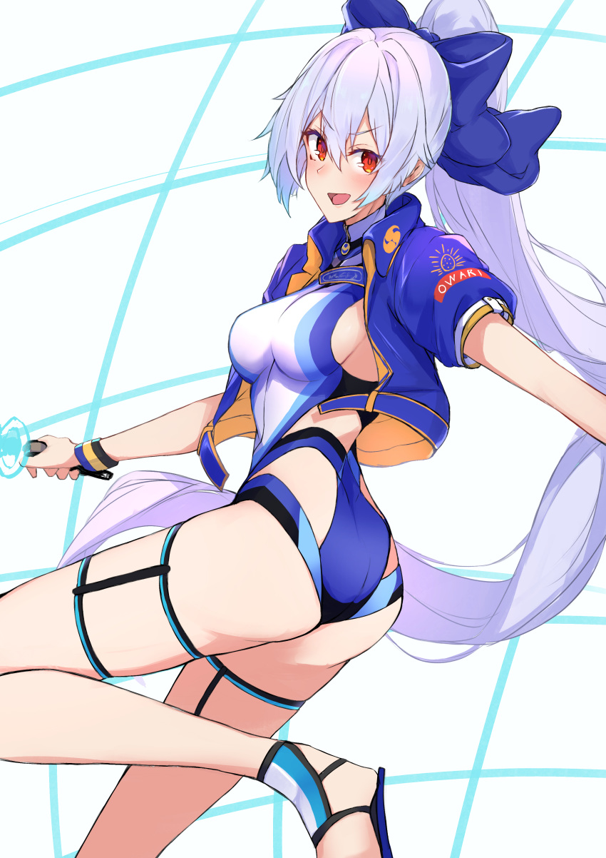 1girl absurdres ass bangs blue_bow blue_jacket blue_swimsuit blush bow breasts energy_sword fate/grand_order fate_(series) hair_between_eyes hair_bow highleg highleg_swimsuit highres jacket large_breasts long_hair looking_at_viewer looking_back mitsudomoe_(shape) nanakaku one-piece_swimsuit open_mouth ponytail red_eyes sandals short_sleeves silver_hair smile swimsuit sword thighs tomoe_(symbol) tomoe_gozen_(fate/grand_order) tomoe_gozen_(swimsuit_saber)_(fate) two-tone_swimsuit very_long_hair weapon white_background white_swimsuit
