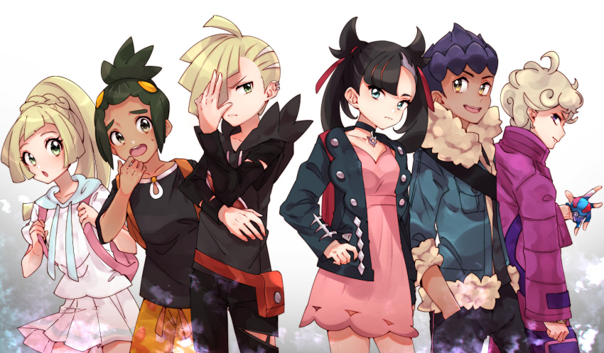 2girls 4boys ahoge asymmetrical_bangs backpack bag bangs beet_(pokemon) black_choker black_hair black_jacket blonde_hair braid brother_and_sister choker commentary_request curly_hair dark_skin dark_skinned_male dress fur-trimmed_jacket fur_trim ggyoku gladio_(pokemon) gloves great_ball green_eyes green_hair hair_over_one_eye hair_ribbon hau_(pokemon) highres holding holding_poke_ball hood hoodie hop_(pokemon) jacket lillie_(pokemon) long_hair long_sleeves mary_(pokemon) multiple_boys multiple_girls open_clothes open_mouth orange_eyes pink_dress poke_ball pokemon pokemon_(game) pokemon_sm pokemon_swsh popped_collar pose purple_hair red_ribbon ribbon shirt short_sleeves siblings smile violet_eyes