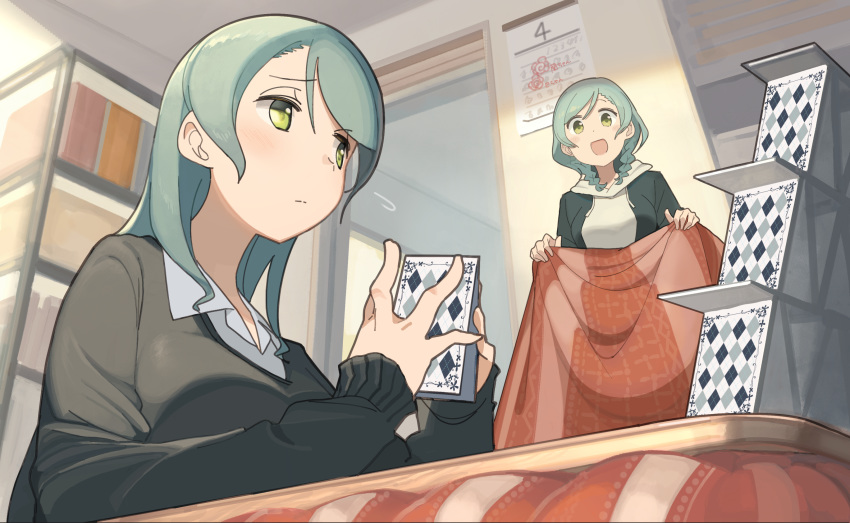 2girls :d absurdres bang_dream! bangs black_jacket black_sweater braid calendar_(object) card closed_mouth collared_shirt eyebrows_visible_through_hair flying_sweatdrops green_eyes green_hair grey_hoodie hair_between_eyes highres hikawa_hina hikawa_sayo holding holding_card hood hood_down hoodie house_of_cards indoors jacket kasa_list kotatsu long_hair long_sleeves multiple_girls open_clothes open_jacket open_mouth playing_card shirt siblings sisters sleeves_past_wrists smile standing sweater table twin_braids twins