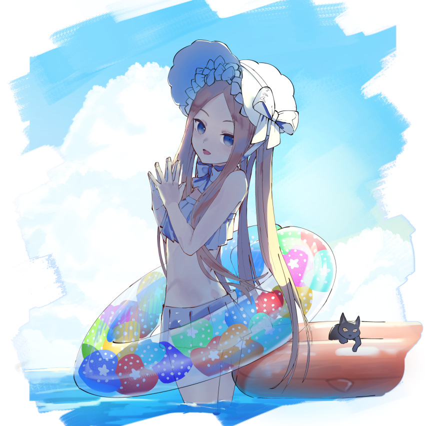 1girl abigail_williams_(fate/grand_order) abigail_williams_(swimsuit_foreigner)_(fate) animal back backlighting bangs bare_arms bare_shoulders bikini black_cat blonde_hair blue_eyes blue_sky bonnet bow breasts cat commentary_request day eisuto fate/grand_order fate_(series) forehead hair_bow hands_up heart highres innertube long_hair looking_at_viewer miniskirt navel ocean open_mouth parted_bangs sidelocks skirt sky small_breasts smile solo standing steepled_fingers strapless strapless_bikini swimsuit thighs transparent twintails very_long_hair wading water white_bikini white_bow white_headwear