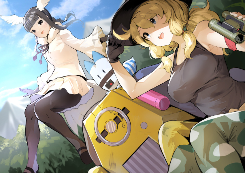 2girls adjusting_clothes adjusting_hat arm_ribbon bangs bare_shoulders binoculars bird_girl bird_tail bird_wings black-headed_ibis_(kemono_friends) black_gloves black_hair black_headwear black_legwear black_neckwear black_shirt blonde_hair blue_eyes braid calenda_(kemono_friends) camouflage camouflage_pants coat commentary_request elbow_gloves eyebrows_visible_through_hair flicky_(kemono_friends) flying frilled_sleeves frills fur_collar gloves hair_tie hat head_wings highres kemono_friends kemono_friends_3 koruse long_sleeves lucky_beast_(kemono_friends) multiple_girls neck_ribbon pants pantyhose pleated_skirt ribbon shirt short_hair short_hair_with_long_locks skirt sleeveless sun_hat tank_top twin_braids twintails white_coat white_skirt wings