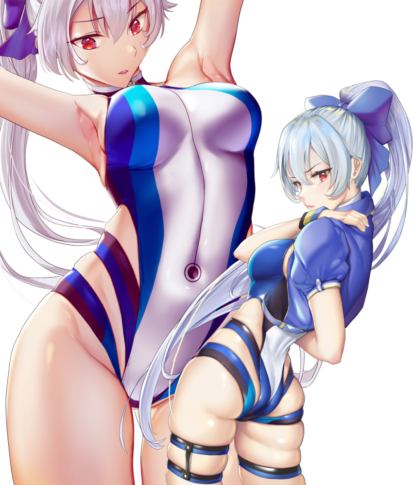 1girl arm_behind_back armpits arms_up ass bangs bare_shoulders blue_bow blue_jacket blue_swimsuit blush bow breasts commentary covered_navel fate/grand_order fate_(series) groin hair_between_eyes hair_bow hand_on_shoulder high_ponytail highleg highres jacket kariza large_breasts long_hair looking_at_viewer multiple_views one-piece_swimsuit parted_lips ponytail red_eyes short_sleeves shrug_(clothing) silver_hair simple_background skindentation swimsuit thigh_strap thighs tomoe_gozen_(swimsuit_saber)_(fate) white_background white_swimsuit