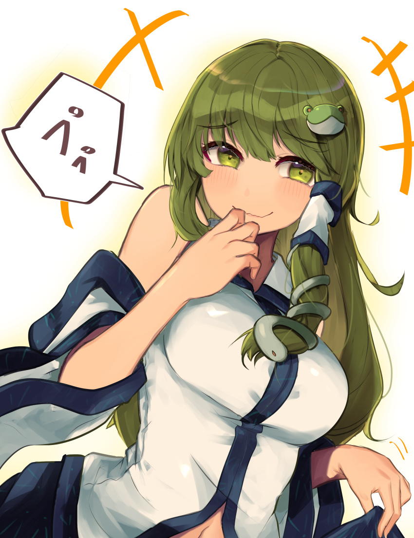 +++ 1girl absurdres bangs blue_skirt blush breasts closed_mouth collared_shirt commentary detached_sleeves eyebrows_visible_through_hair finger_to_mouth frog_hair_ornament green_eyes green_hair hair_ornament hair_tubes hand_on_own_face hand_up highres kochiya_sanae kurowa_(curowa) large_breasts long_hair looking_away midriff_peek navel outline shirt sideways_glance simple_background skirt skirt_lift sleeveless sleeveless_shirt smile snake_hair_ornament solo speech_bubble touhou upper_body wavy_mouth white_background white_shirt wide_sleeves wing_collar