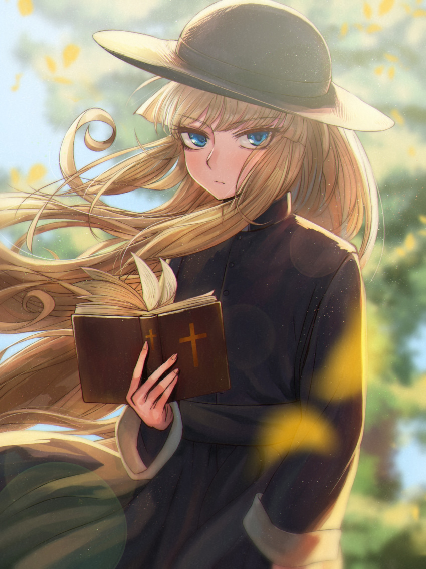 1girl bangs bible black_dress black_headwear blonde_hair blue_eyes blurry blurry_background blurry_foreground book character_request closed_mouth day dress eyebrows_visible_through_hair floating_hair frown hat highres holding lens_flare long_hair long_sleeves looking_at_viewer milmir open_book outdoors solo standing sun_hat very_long_hair yuu-gi-ou