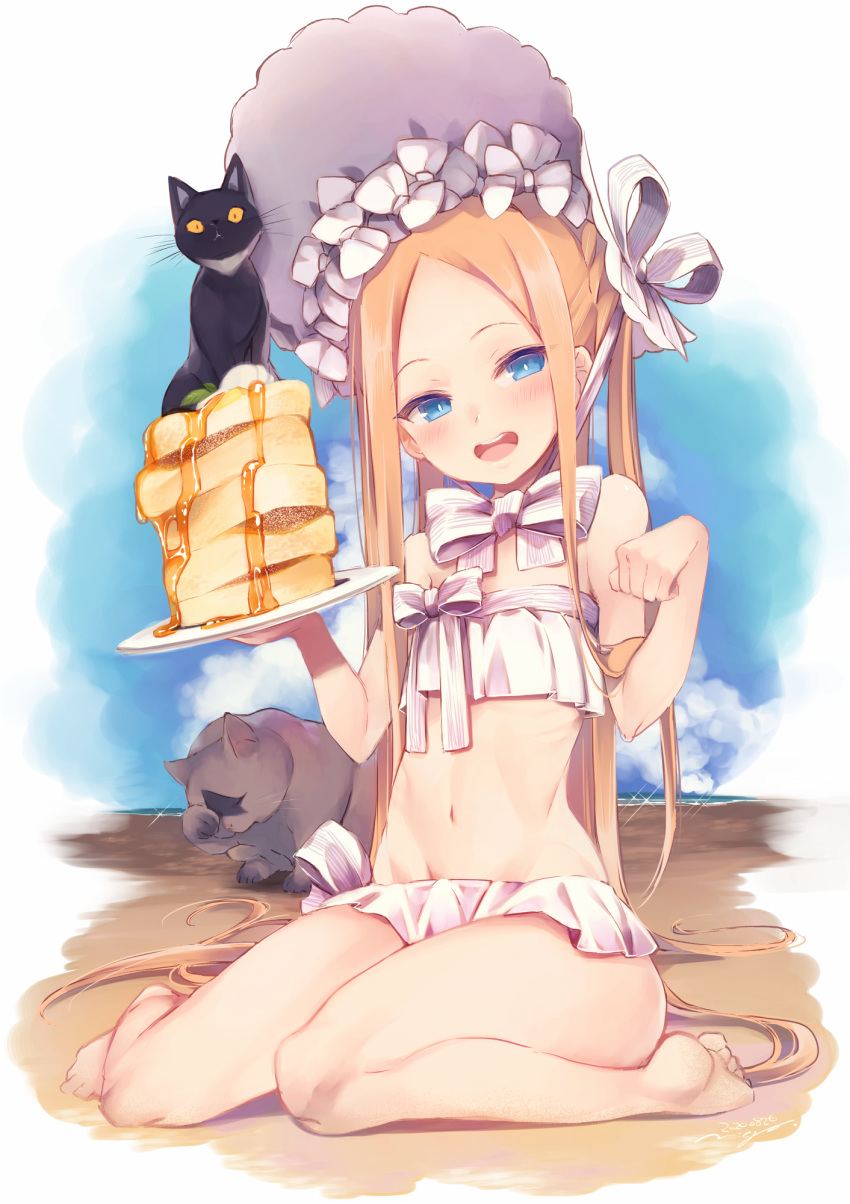 1girl abigail_williams_(fate/grand_order) abigail_williams_(swimsuit_foreigner)_(fate) bangs bare_shoulders beach bikini black_cat blonde_hair blue_eyes blue_sky blush bonnet bow breasts cat fate/grand_order fate_(series) food forehead hair_bow highres legs long_hair looking_at_viewer miniskirt navel nigo open_mouth pancake parted_bangs plate shore sidelocks sitting skirt sky small_breasts smile swimsuit twintails very_long_hair wariza white_bikini white_bow white_headwear