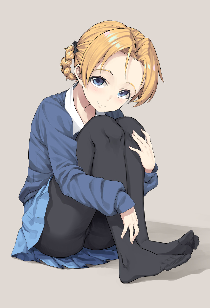 1girl absurdres black_bow black_legwear blue_eyes blue_skirt blue_sweater blush bow braid closed_mouth feet_out_of_frame forehead full_body girls_und_panzer gogongzid grey_background hair_bow hair_rings highres knees_on_chest knees_up long_sleeves looking_at_viewer miniskirt no_shoes orange_pekoe_(girls_und_panzer) pantyhose pleated_skirt school_uniform simple_background skirt smile solo st._gloriana's_school_uniform sweater upskirt