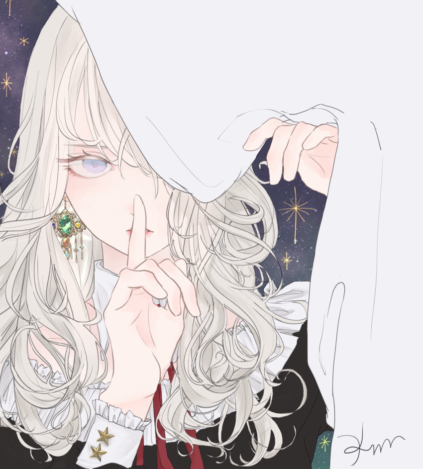 1girl black_dress commentary_request detached_collar dress earrings eveyeil finger_to_mouth frilled_dress frilled_sleeves frills hair_over_one_eye highres jewelry long_hair looking_at_viewer original shushing solo starry_background upper_body white_hair