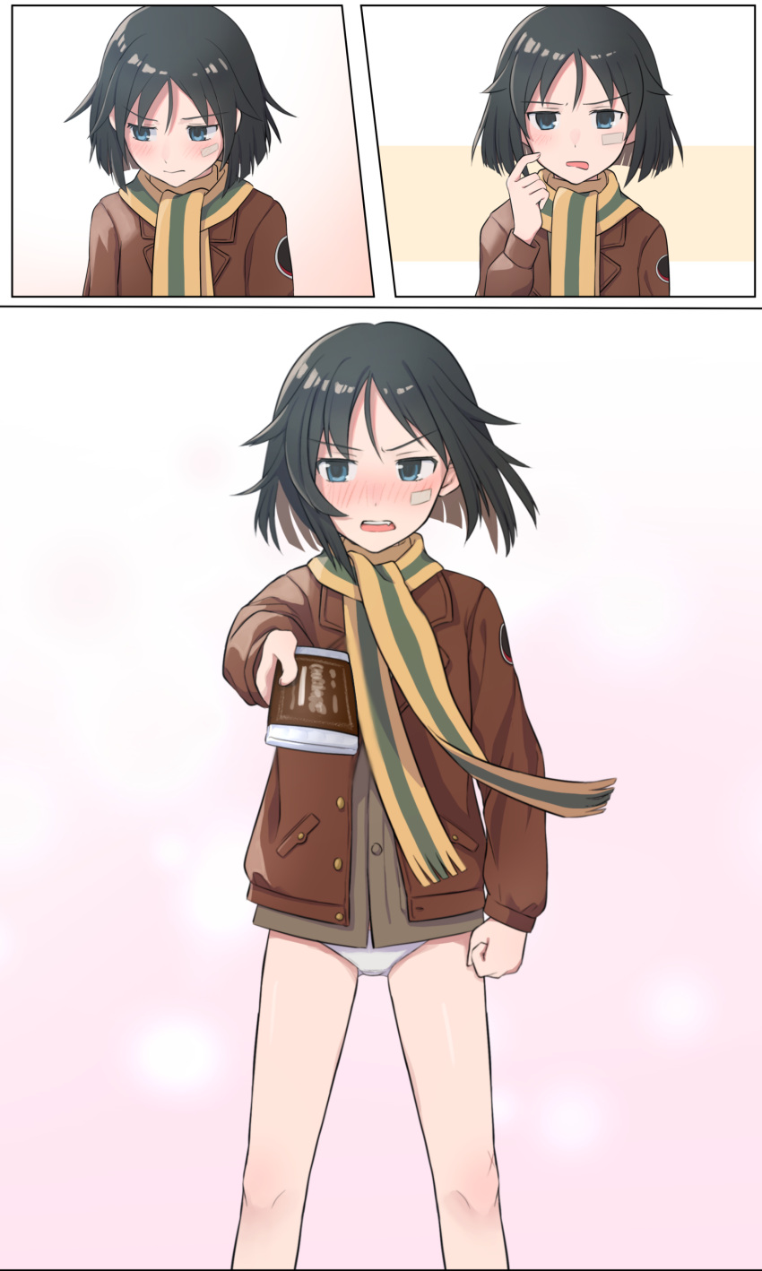 1girl absurdres bandaid bandaid_on_face black_hair blue_eyes blush box box_of_chocolates brave_witches embarrassed eyebrows_visible_through_hair gift highres kanno_naoe looking_away multiple_views nervous olive_gun_on_a_pigeon panties scarf shiny shiny_hair short_hair underwear valentine white_panties world_witches_series