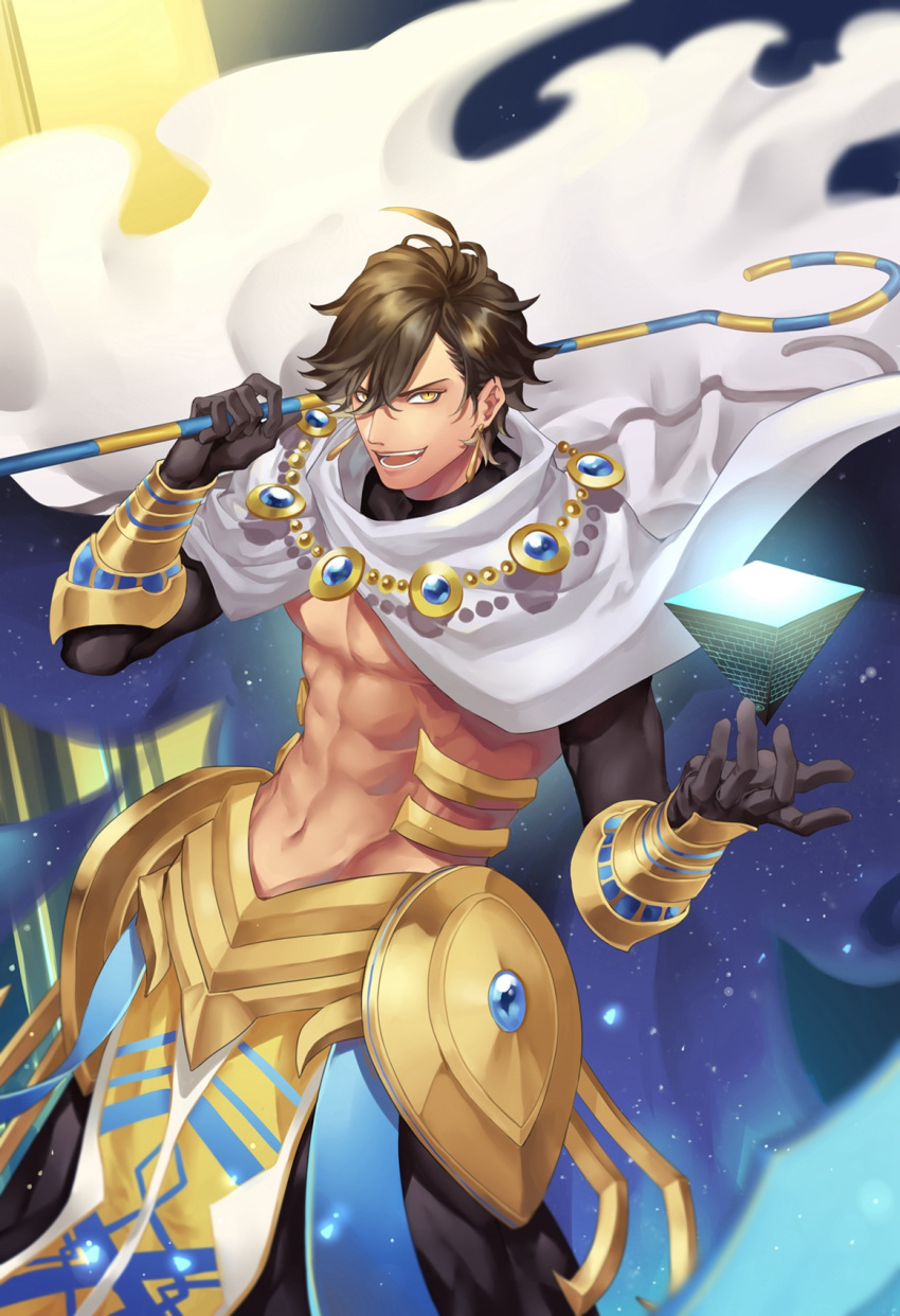 1boy abs ahoge black_gloves brown_hair cape dark_skin dark_skinned_male egyptian egyptian_clothes fate/grand_order fate/prototype fate/prototype:_fragments_of_blue_and_silver fate_(series) gauntlets gloves highres holding holding_staff jewelry kuzen looking_at_viewer male_focus muscle necklace open_mouth ozymandias_(fate) shirtless shrug_(clothing) smile solo staff white_cape yellow_eyes