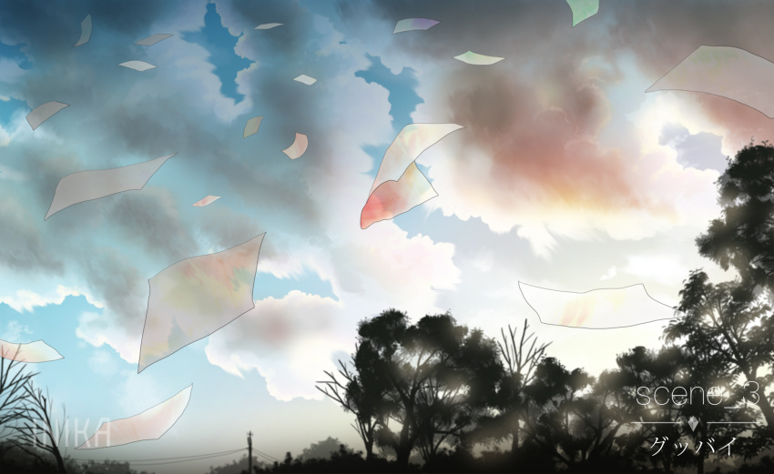 clouds cloudy_sky highres inika no_humans original paper scenery sky translation_request tree