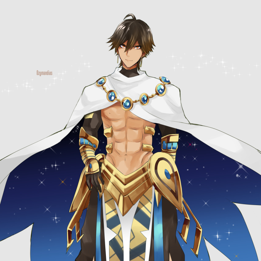 1boy abs ahoge black_gloves brown_hair cape character_name dark_skin dark_skinned_male egyptian egyptian_clothes fate/grand_order fate/prototype fate/prototype:_fragments_of_blue_and_silver fate_(series) gauntlets gloves grey_background hair_between_eyes head_tilt highres jewelry light_smile male_focus muscle necklace ozymandias_(fate) shirtless shrug_(clothing) simple_background smile solo torime9999 white_cape yellow_eyes