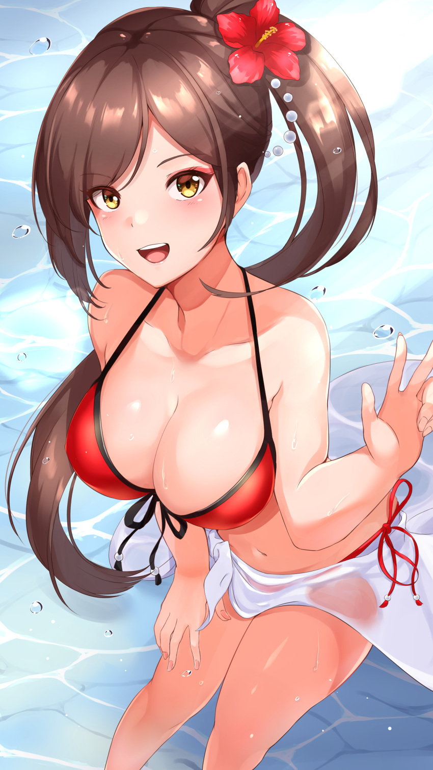 1girl absurdres alternate_costume azur_lane bikini blush breasts brown_hair eyebrows_visible_through_hair flower hair_flower hair_ornament haneramu highres large_breasts long_hair looking_at_viewer navel open_mouth red_bikini red_flower revision side_ponytail smile solo swimsuit thighs very_long_hair water_drop zuikaku_(azur_lane)