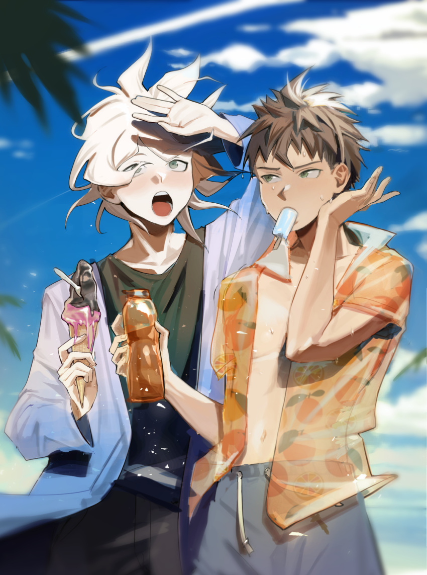 2boys arm_up bangs beach black_shirt blonde_hair blue_eyes blue_jacket blue_sky bottle brown_hair collarbone dangan_ronpa day food green_eyes hand_up highres hinata_hajime holding holding_bottle ice_cream ice_cream_cone jacket komaeda_nagito kyandii male_focus multiple_boys navel one_eye_closed open_clothes open_mouth open_shirt orange_shirt outdoors palm_tree pants print_shirt shading_eyes shirt short_hair sky stomach tree wet white_hair