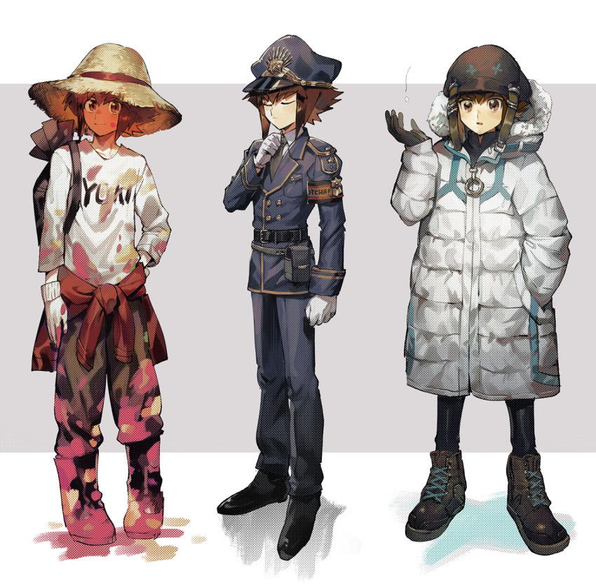 1boy aoki_(fumomo) black_gloves boots brown_eyes brown_footwear brown_hair brown_pants character_name closed_eyes clothes_around_waist coat full_body gloves grey_background hand_in_pocket hand_on_hip hat hat_ribbon helmet hooded_coat male_focus necktie paint_on_clothes pants police police_uniform print_shirt red_ribbon ribbon shirt solo straw_hat sweater sweater_around_waist two-tone_background uniform variations white_background white_coat white_shirt yellow_headwear yuu-gi-ou yuu-gi-ou_gx yuuki_juudai