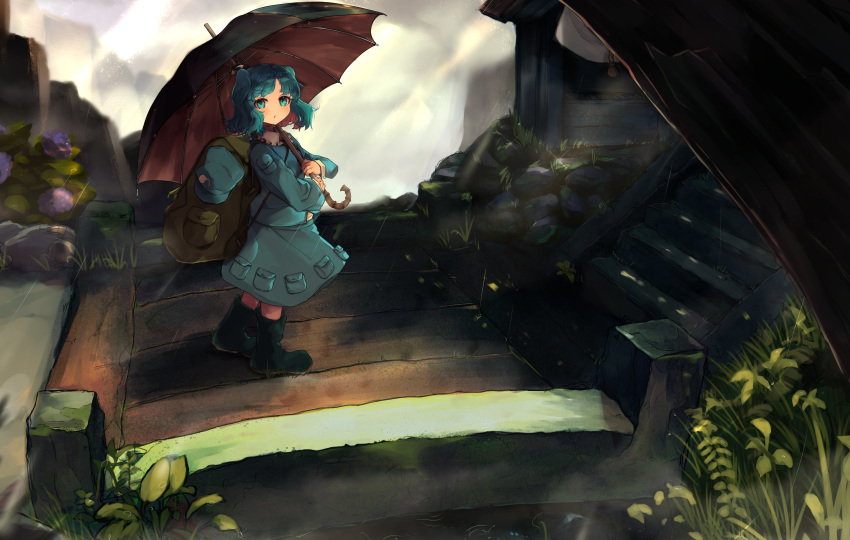 1girl :t absurdres backpack bag bangs blue_eyes blue_footwear blue_hair blue_headwear blue_jacket blue_skirt blush boots commentary day flat_cap flower frilled_shirt_collar frills full_body grass green_backpack green_footwear hat headwear_removed highres holding holding_umbrella hydrangea jacket kawashiro_nitori key kurowa_(curowa) light_rays long_sleeves looking_at_viewer looking_to_the_side looking_up moss nature outdoors parted_bangs pocket rain rock rubber_boots shirt short_twintails skirt skirt_set solo stairs standing touhou twintails two_side_up umbrella undershirt white_shirt wood
