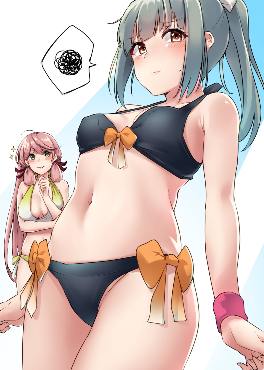 2girls absurdres akashi_(kantai_collection) bikini black_bikini blush breasts closed_mouth cowboy_shot eyebrows_visible_through_hair green_eyes green_hair hair_ribbon highres kantai_collection kiritto large_breasts long_hair multiple_girls navel open_mouth pink_hair ponytail red_ribbon ribbon side-tie_bikini small_breasts sparkle swimsuit tress_ribbon wristband yellow_eyes yuubari_(kantai_collection)