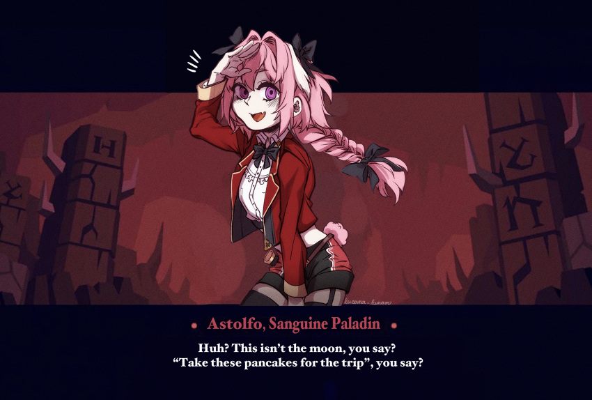 1boy artist_name astolfo_(fate) bangs black_bow black_legwear black_ribbon black_shorts bow braid character_name commentary cropped_jacket english_text fake_screenshot fang fate/grand_order fate_(series) garter_straps hair_bow hair_intakes hair_ribbon helltaker highres jacket long_hair looking_at_viewer lucerna_lunam male_focus multicolored_hair open_mouth otoko_no_ko parody pink_hair red_jacket red_shorts ribbon shading_eyes shirt shorts single_braid smile solo standing streaked_hair thigh-highs violet_eyes white_hair white_shirt