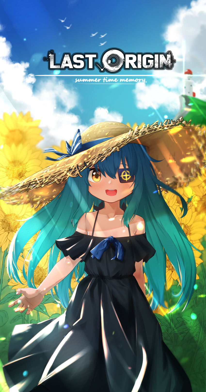 1girl absurdres bird black_dress blue_hair blurry breasts clouds copyright_name day depth_of_field dress english_text flower hat hat_ribbon highres last_origin lighthouse long_dress long_hair lrl open_mouth outdoors ribbon smile solo spaghetti_strap summer sun_hat sundress sunflower wweed